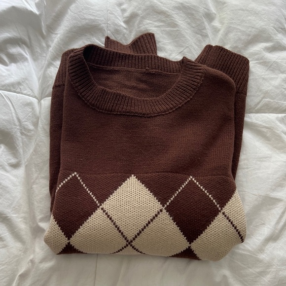 NWT SHEIN DAZY Argyle Pattern Drop Shoulder Sweater Size S(0) coffee brown - Picture 14 of 14